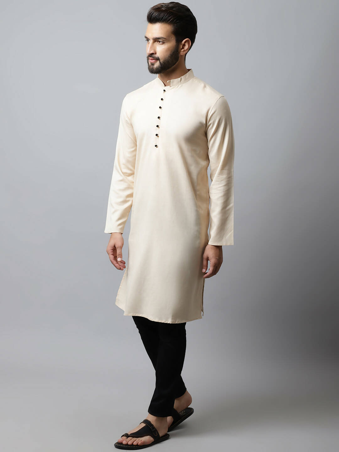 Even Apparels Cream Color Pure Cotton Men's Kurta With Side Placket (SLD1176) | Grocsy