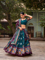 Vastranavya Patola Printed and Foil Work Tussar Silk Lehenga with Unstitched Blouse - Teal | Grocsy