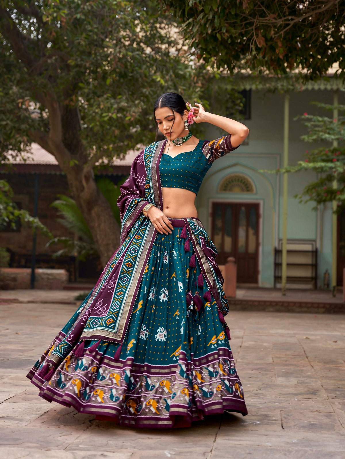 Vastranavya Patola Printed and Foil Work Tussar Silk Lehenga with Unstitched Blouse - Teal | Grocsy