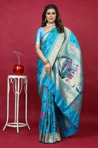 Jyoti Fashion Women's Sky Blue Paithani Silk Zari Woven Saree with Blouse | Grocsy