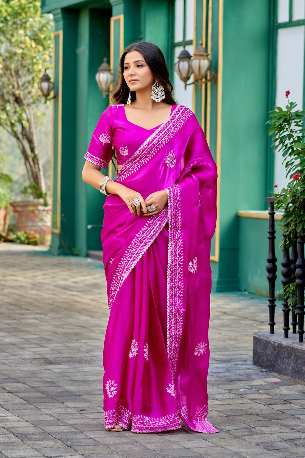 Vastranavya Pink Embroidery Work Shimmer Chiffon Saree with Unstitched Blouse | Grocsy