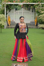 Teeya Creation Multi Colour Reyon Silk Gamathi Work Navratri lehenga Choli | Grocsy