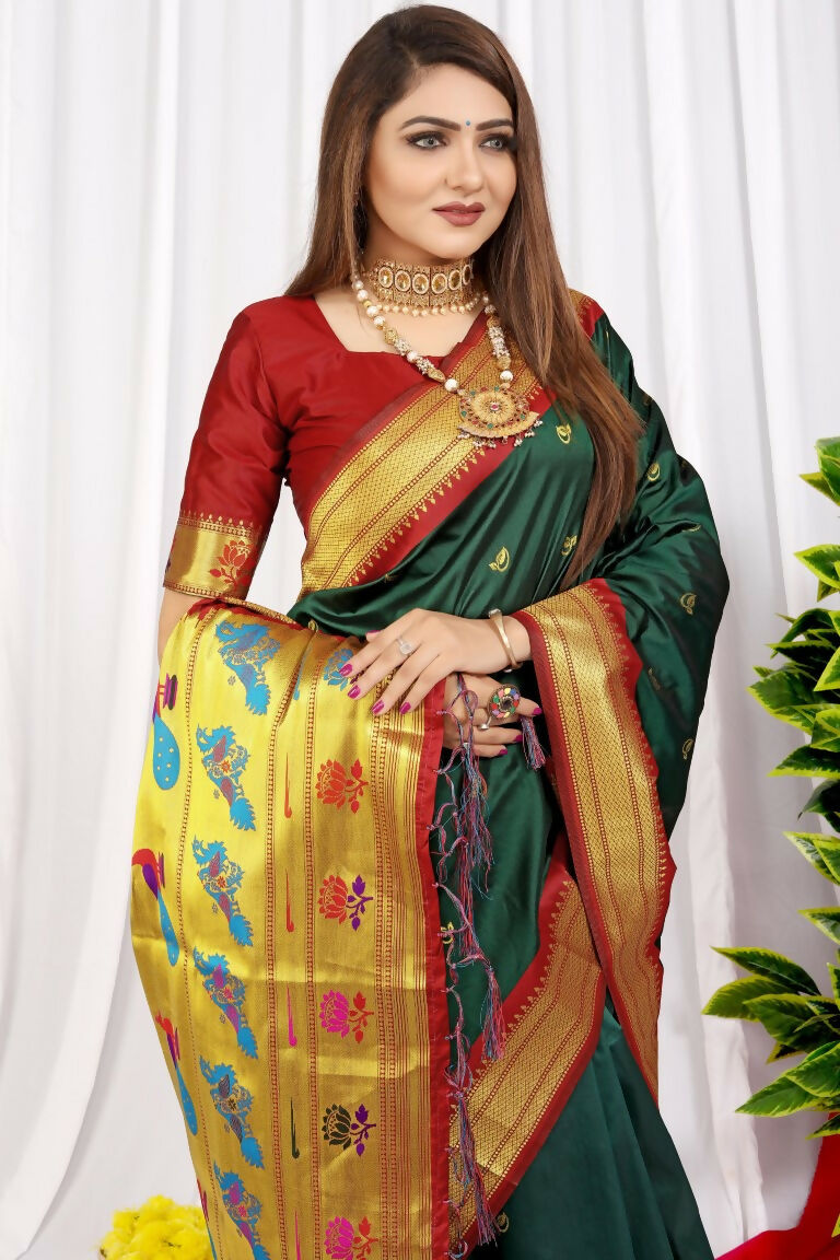 Jyoti Fashion Women's Bottle Green Paithani Silk Zari Woven Saree with Blouse | Grocsy