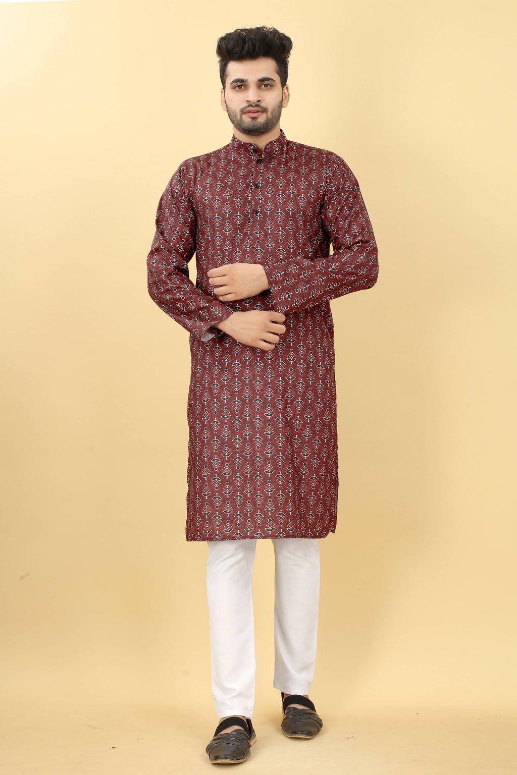 Maroon Cotton Printed Men's Kurta - Mahotsav | Grocsy