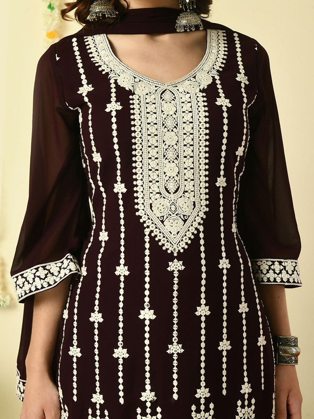 Myshka Women's Coffee Brown Georgette Kurta & Palazzos With Dupatta Party Sets | Grocsy