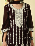 Myshka Women's Coffee Brown Georgette Kurta & Palazzos With Dupatta Party Sets | Grocsy