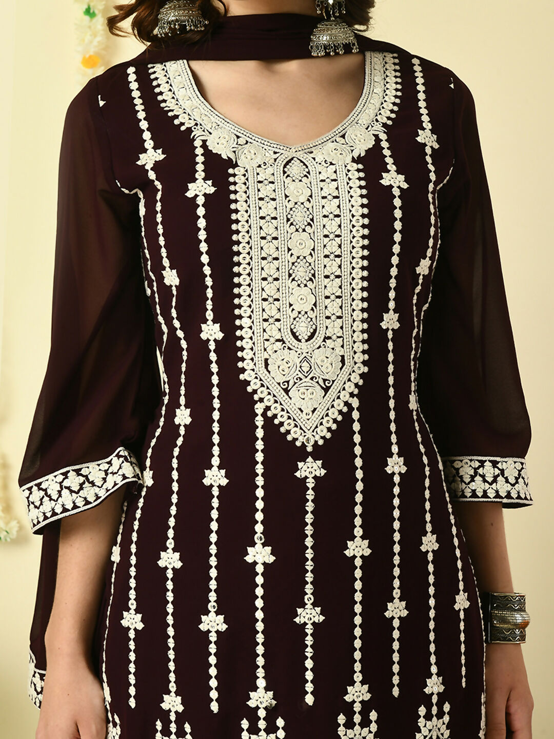 Myshka Women's Coffee Brown Georgette Kurta & Palazzos With Dupatta Party Sets | Grocsy