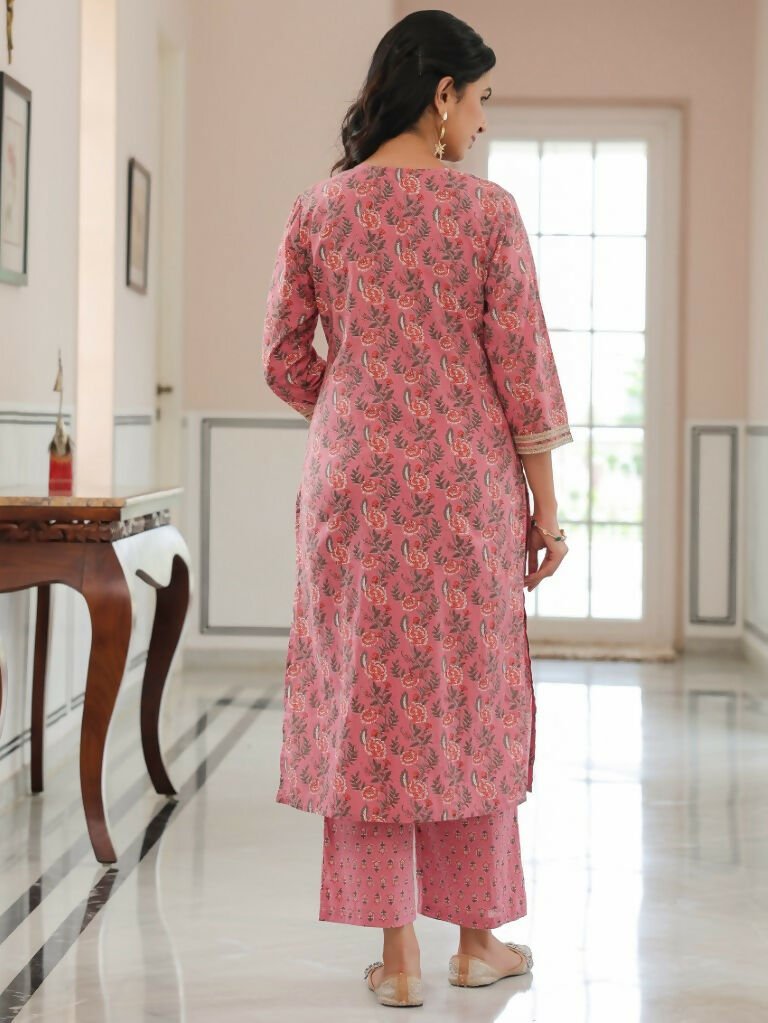 Aramya Straight Soft Cotton Floral Print Women's Kurta Set - Pink | Grocsy