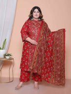 Miravan Women Floral Print Cotton Maroon Stitched Kurta Palazzo With Dupatta Set | Grocsy