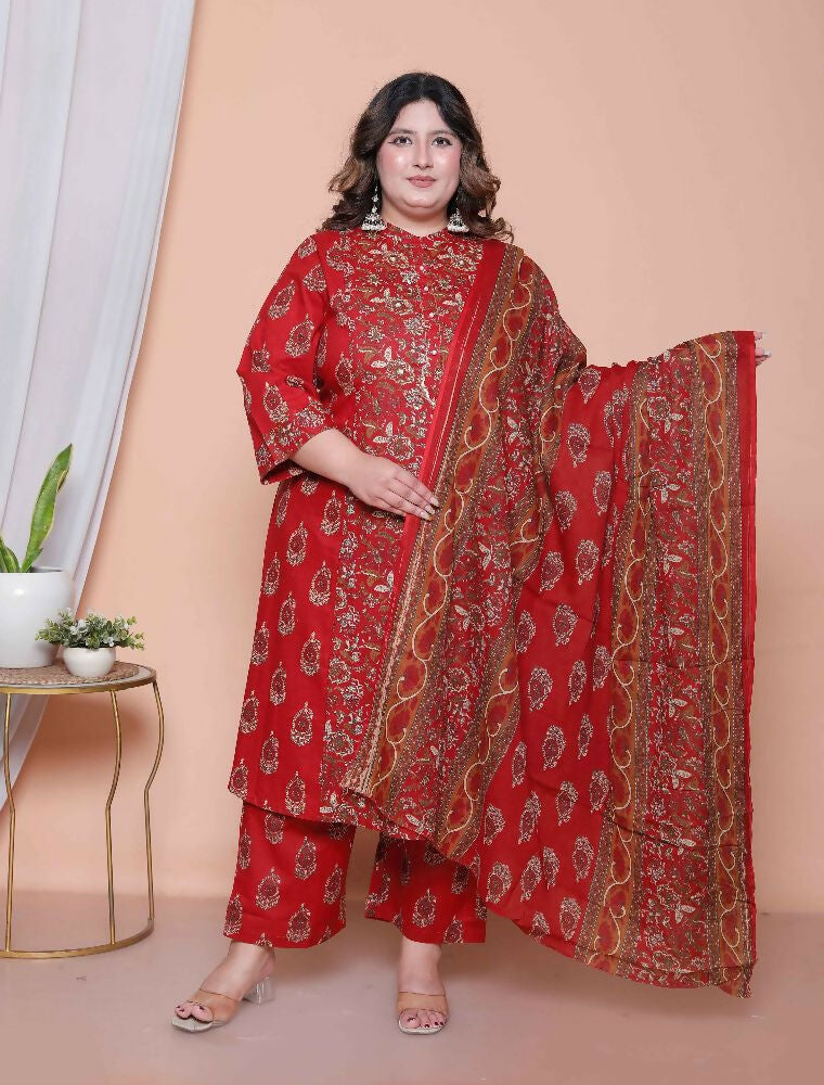 Miravan Women Floral Print Cotton Maroon Stitched Kurta Palazzo With Dupatta Set | Grocsy
