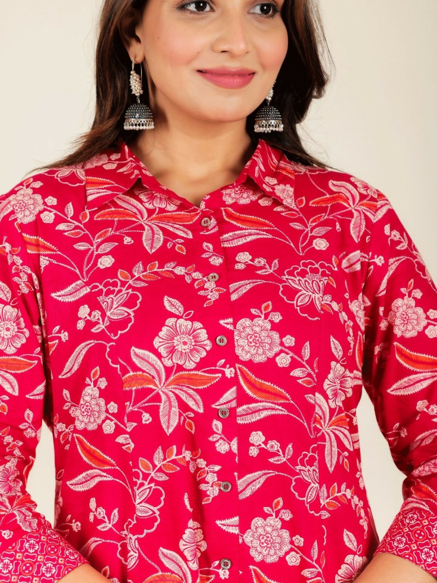 Aramya Red Soft Cotton Floral Print High Low Kurta Pant Set for Women | Grocsy