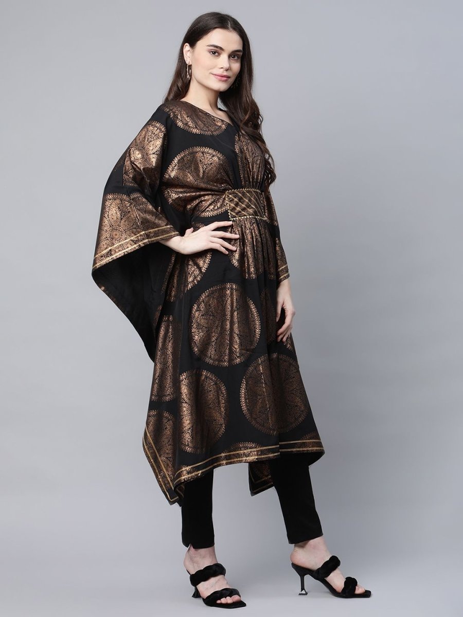 Ahalyaa Women Black Crepe Copper Foil Printed Flared Sleeve Kaftan Kurta | Grocsy
