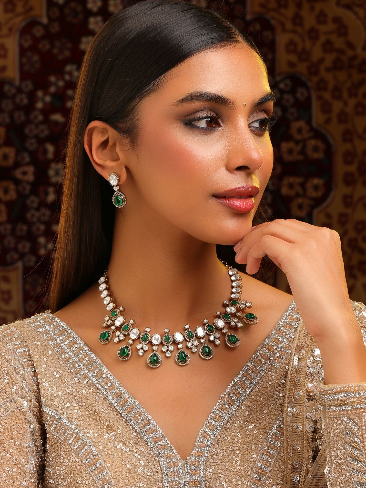 Ruby Raang Green Stone Kundan Work Necklace And Matching Earrings | Grocsy