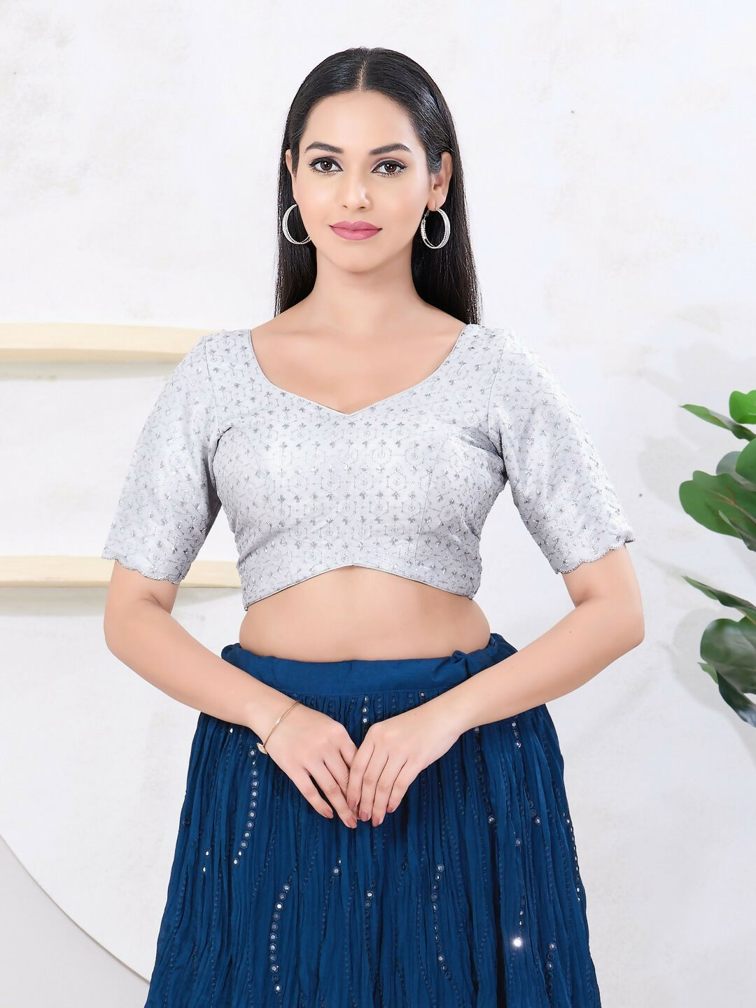 Joban Fashion Silver Tissue Elbow Sleeveless Back Open Blouse | Grocsy
