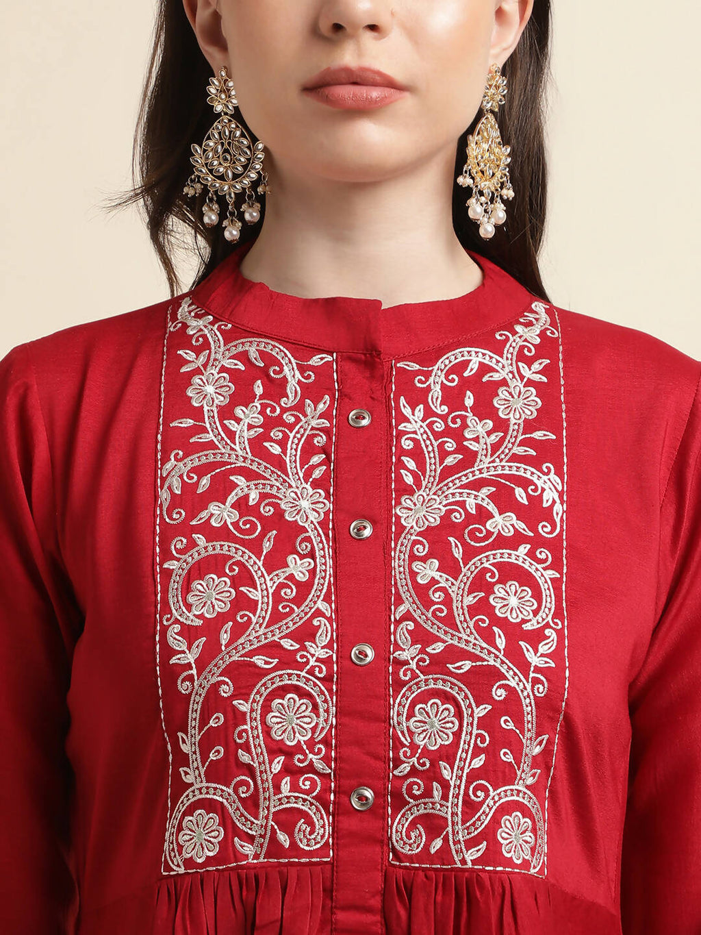 Red Chinon Floral Embroidered Top with Bottom - Maanushi | Grocsy