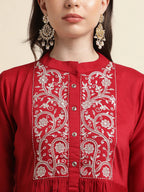 Red Chinon Floral Embroidered Top with Bottom - Maanushi | Grocsy