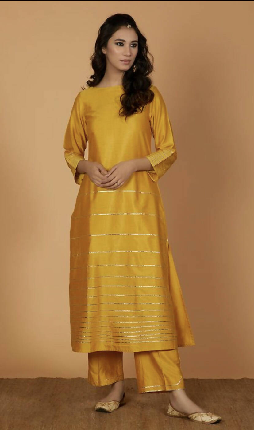 Cheera Women's Silk Blend Fancy Mustard Color Kurta Palazzo Set | Grocsy