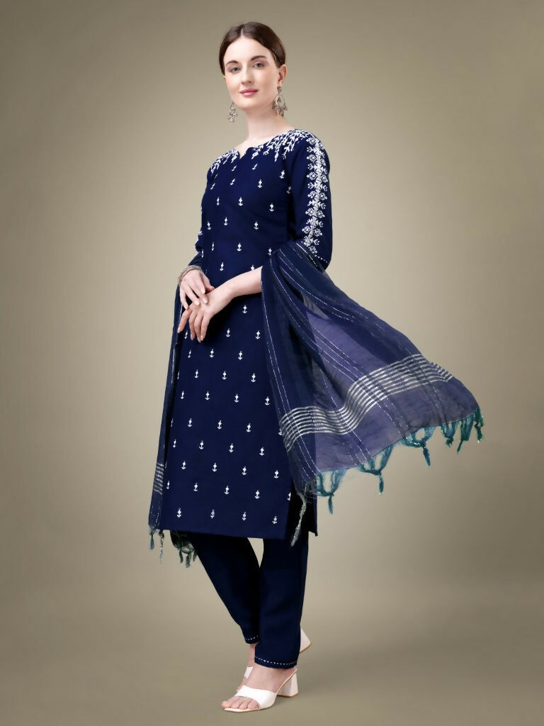 Jyoti Fashion Women's Navy Blue Cotton Blend Embroidery & Sequence work Kurta with Trouser & Dupatta | Grocsy