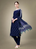 Jyoti Fashion Women's Navy Blue Cotton Blend Embroidery & Sequence work Kurta with Trouser & Dupatta | Grocsy