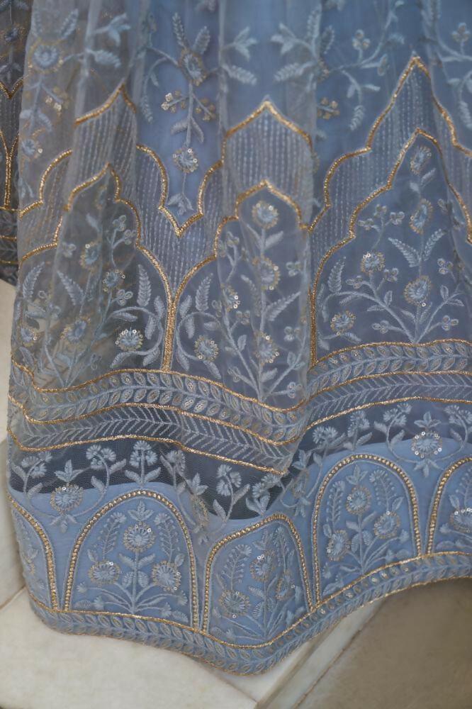 Aastha Fashion Light Blue Gray Butterfly Net Tone To Tone Cotton Thread Work And Sequence Work Embroidery Wedding Wear Lehenga Choli | Grocsy