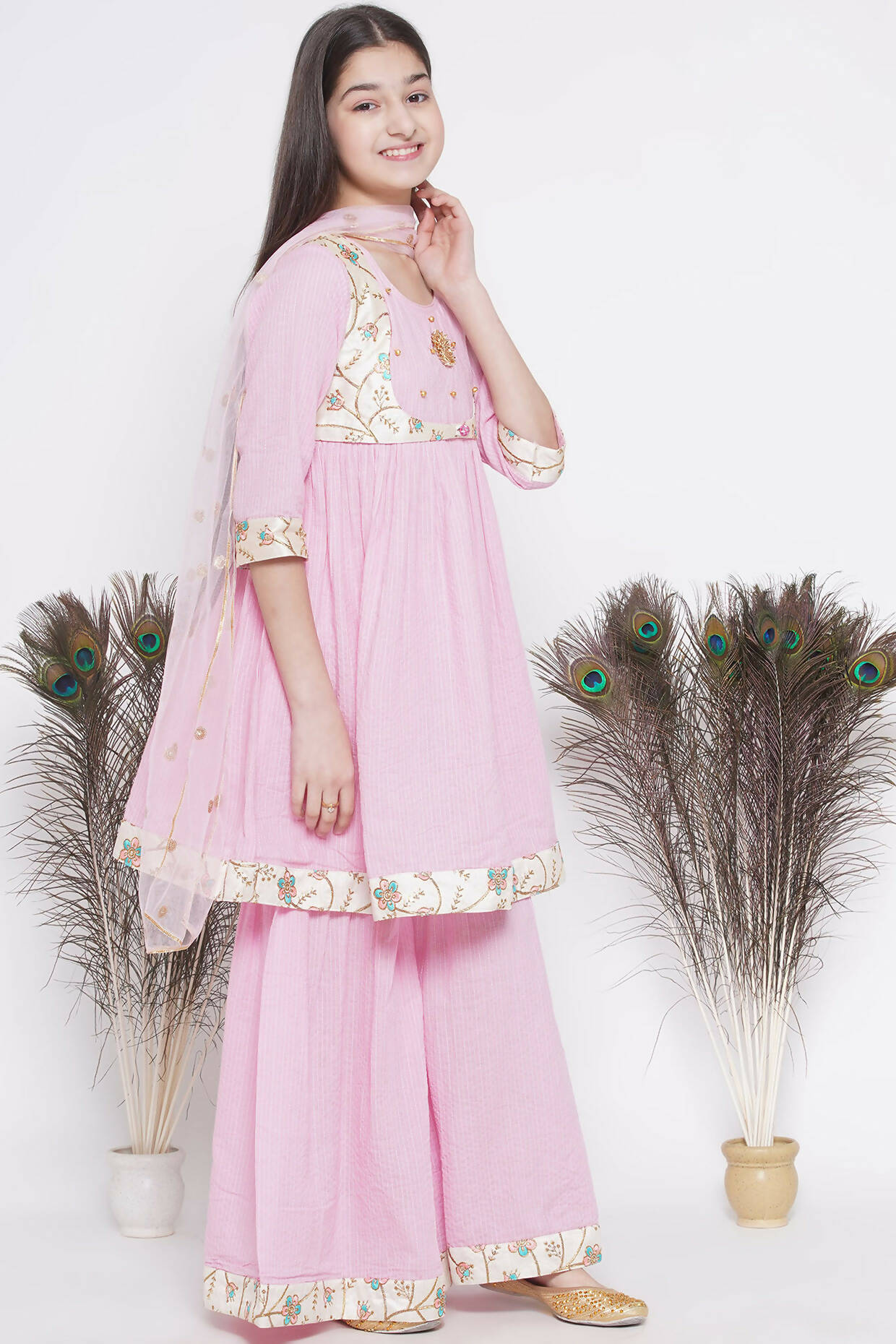 Little Bansi Floral Embroidery Jacket With Cotton Kantha Frock Sharara And Dupatta With Ghungroo Handwork - Pink | Grocsy