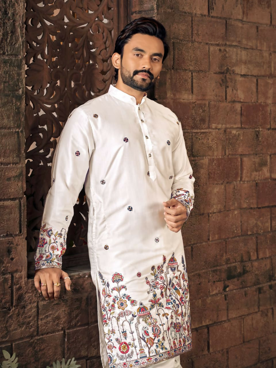 Anaita White Multi Thread Work Silk Straight Kurta | Grocsy