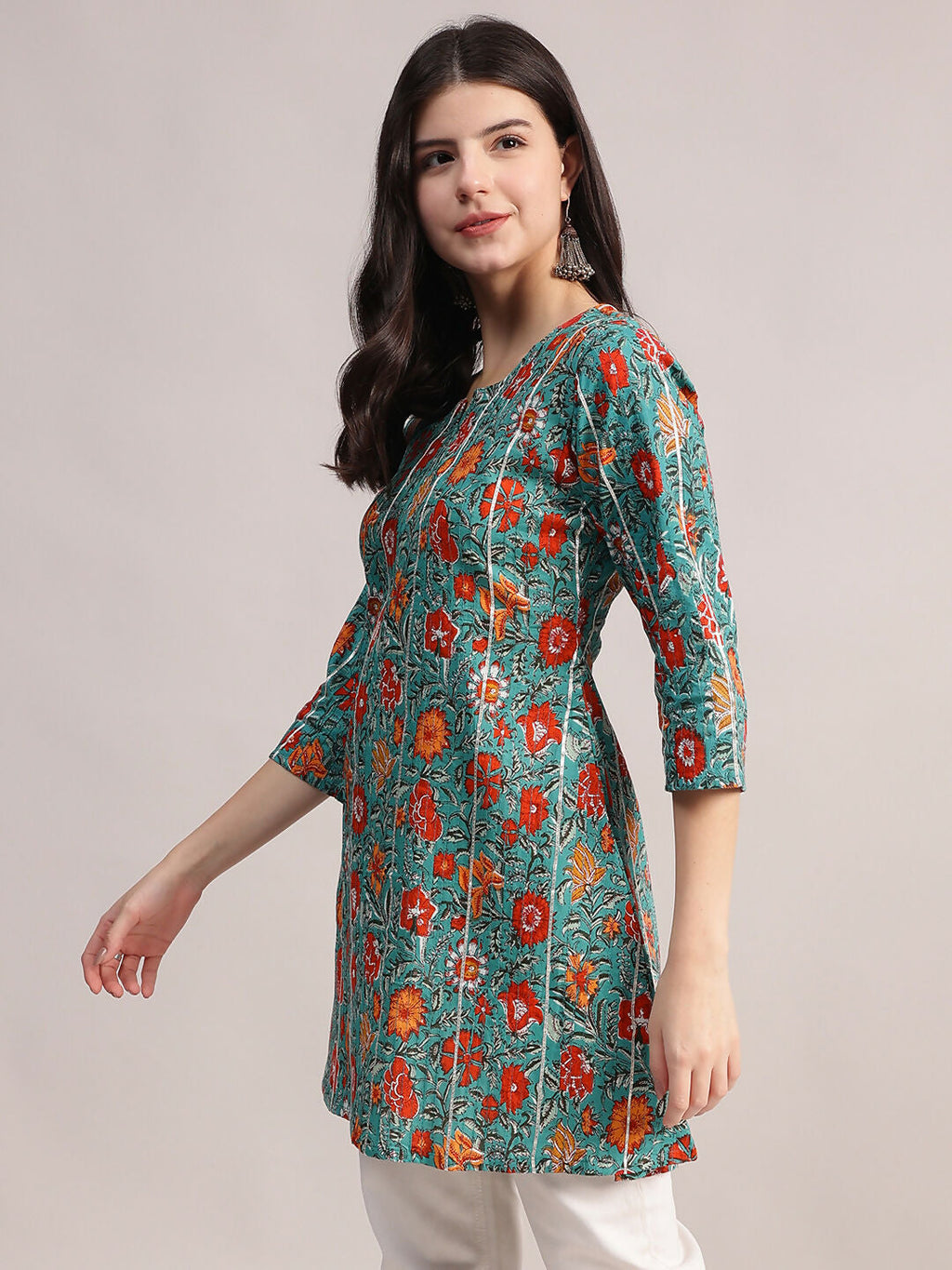 Aavyora Women's Teal Green Cotton A-Line Tunic with Red Floral Print and All-Over Pintuck Details | Grocsy