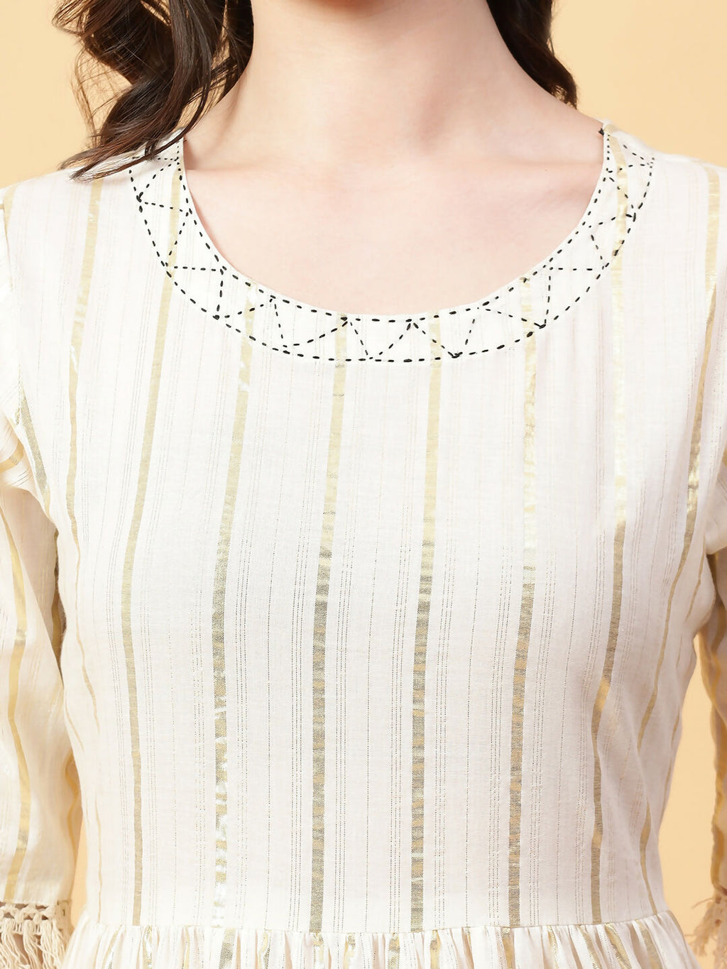 Joban Fashion Cream Cotton Lurx & Hand Work Dress | Grocsy