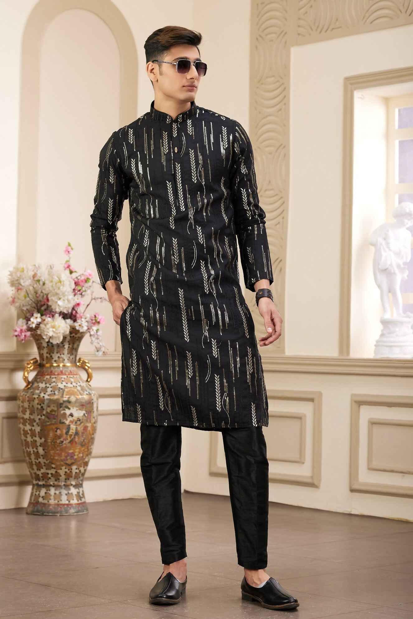 Raivat Ethnic Men's Art Silk Thread Work Kurta Pyjama In Black Colour | Grocsy