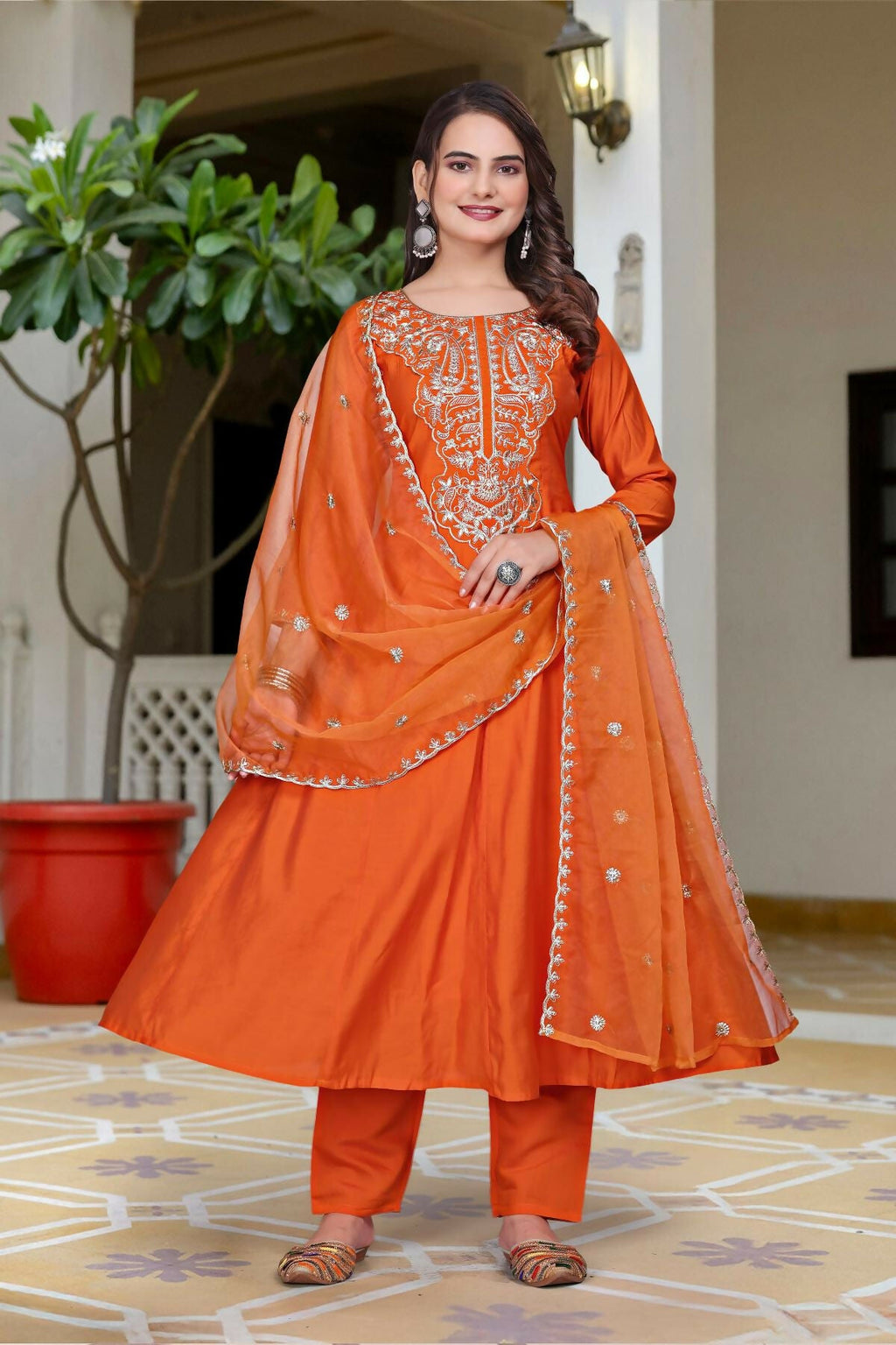 The52 Women's Beautiful Vichitra Fabric Embroidery Work Flared Anarkali Pant and Dupatta Set | Grocsy