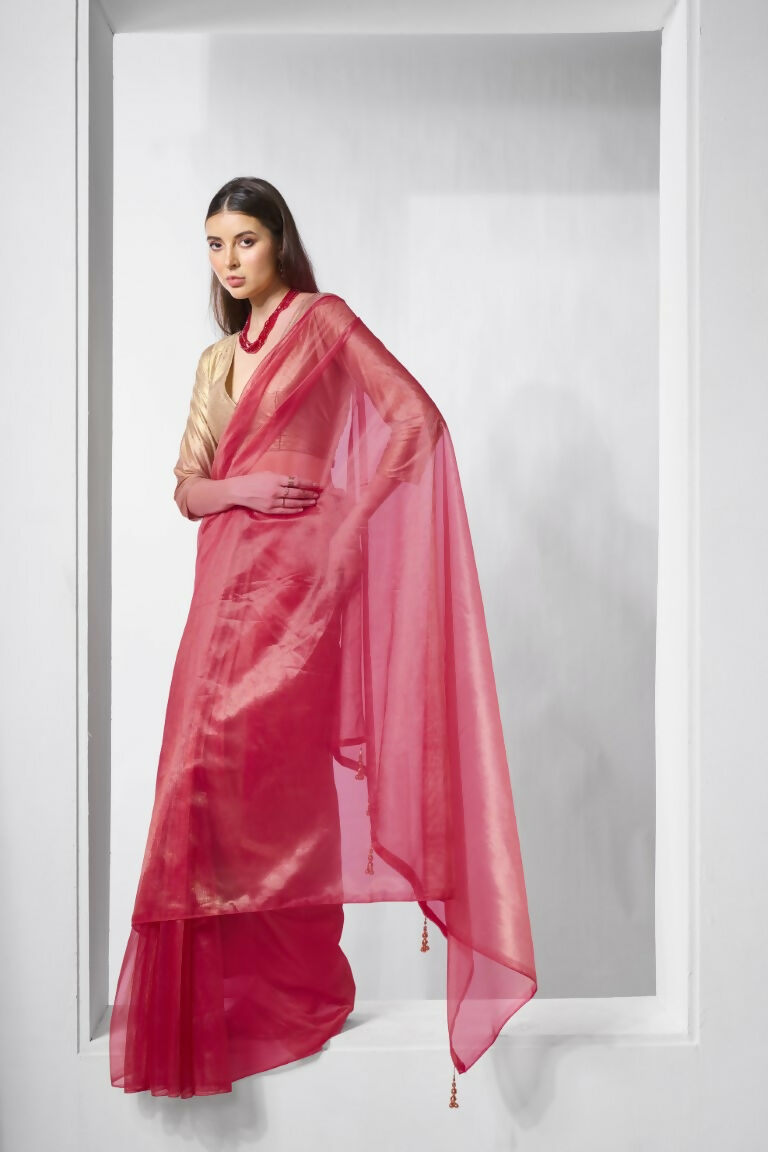 Red Gold Tissue Net Solid & Gold Cotted Saree - Samaa | Grocsy