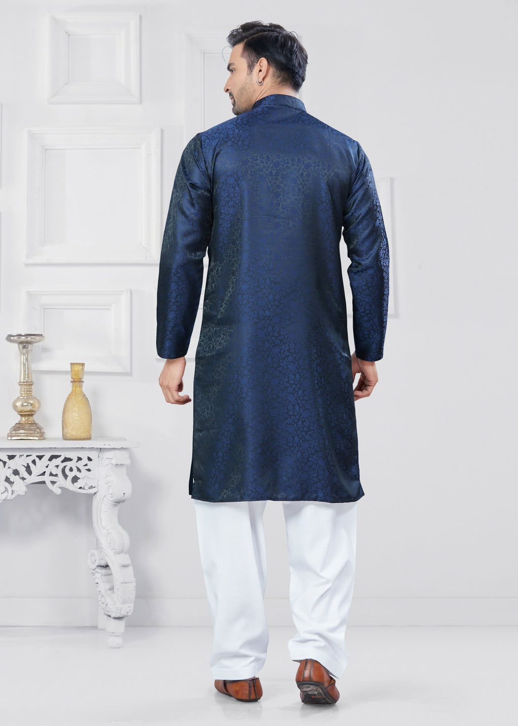 Joban Fashion Men's Jacquard Silk Navy Blue Printed Kurta Pyjama set | Grocsy