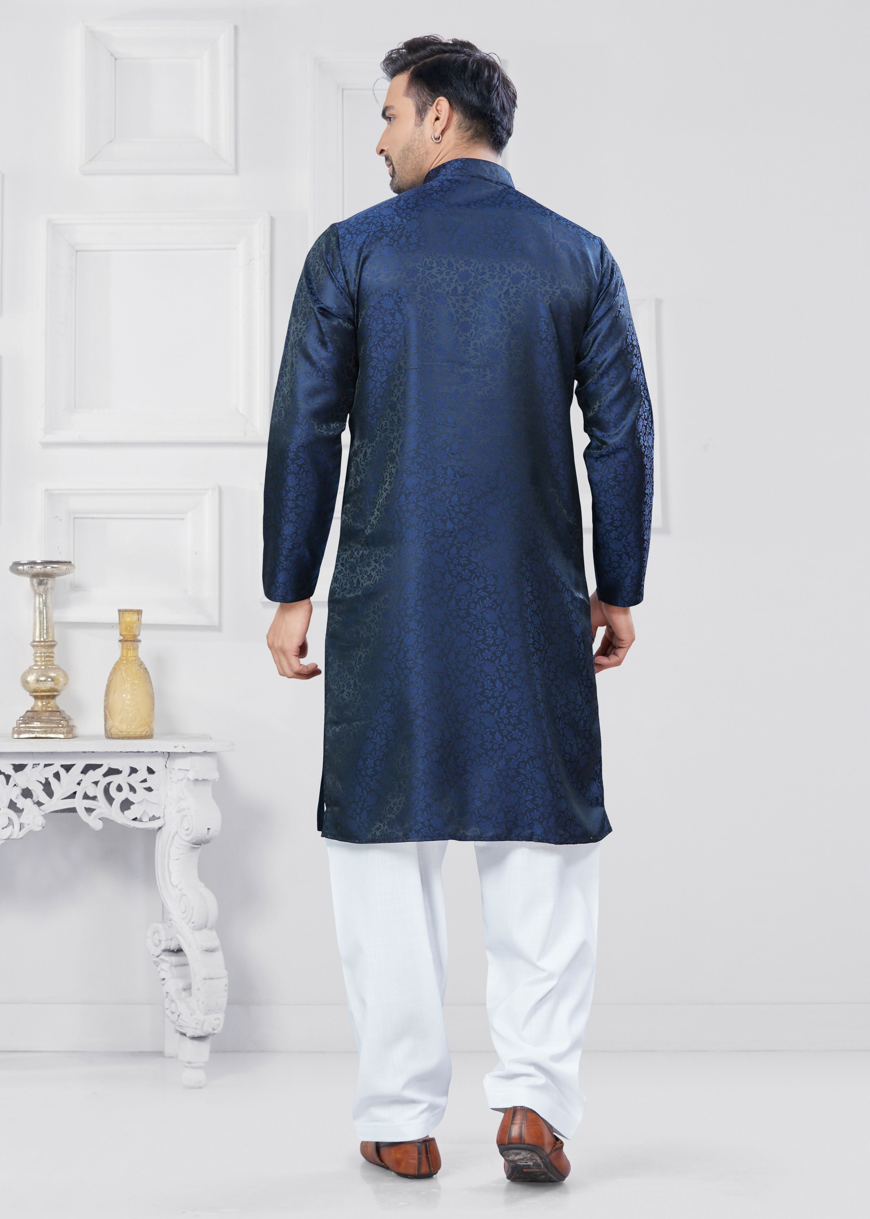 Joban Fashion Men's Jacquard Silk Navy Blue Printed Kurta Pyjama set | Grocsy