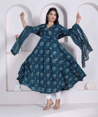 Miravan Womens Blue Floral Printed Angrakha Kurta With Dupatta | Grocsy