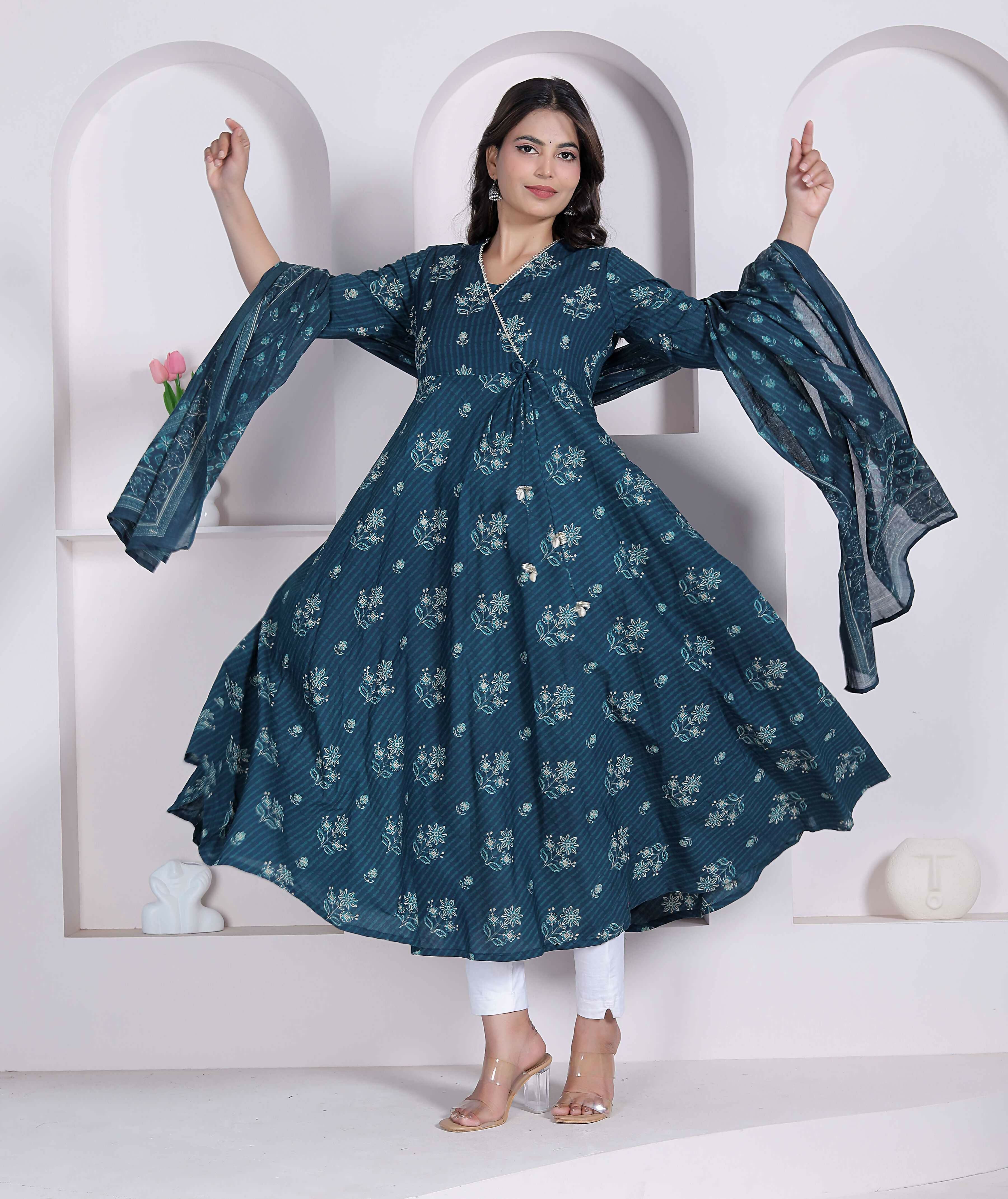 Miravan Womens Blue Floral Printed Angrakha Kurta With Dupatta | Grocsy