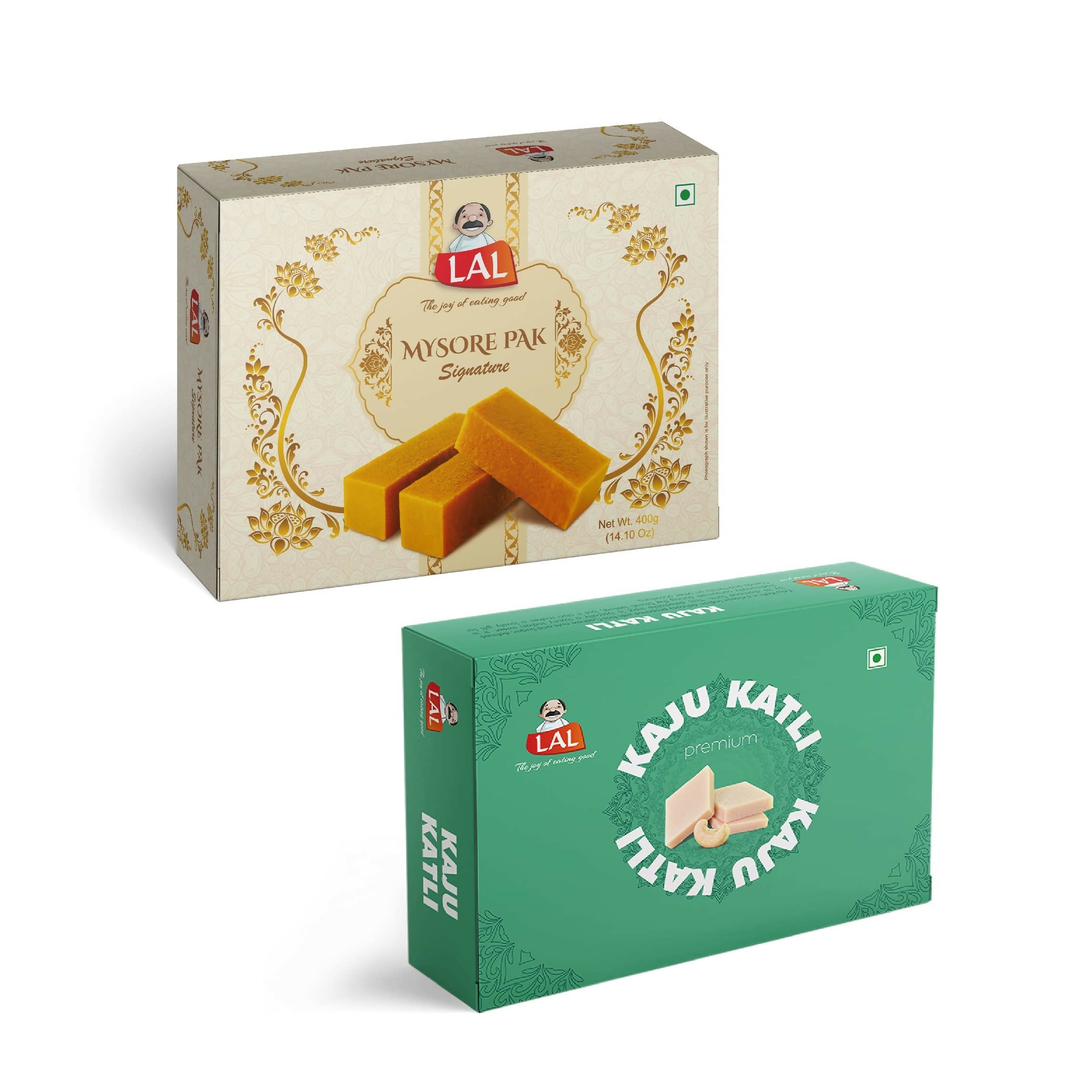 Lal Sweets Combo Pack - Mysore Pak Signature 400Gm And Kaju Katli 400 Gm Gift Pack | Desi Cow Ghee Indian Sweets | Mithai Box | Grocsy