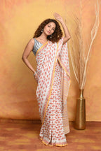 Very Much Indian Handblock Printed Cotton Saree With Natural Dyes - White Peach | Grocsy