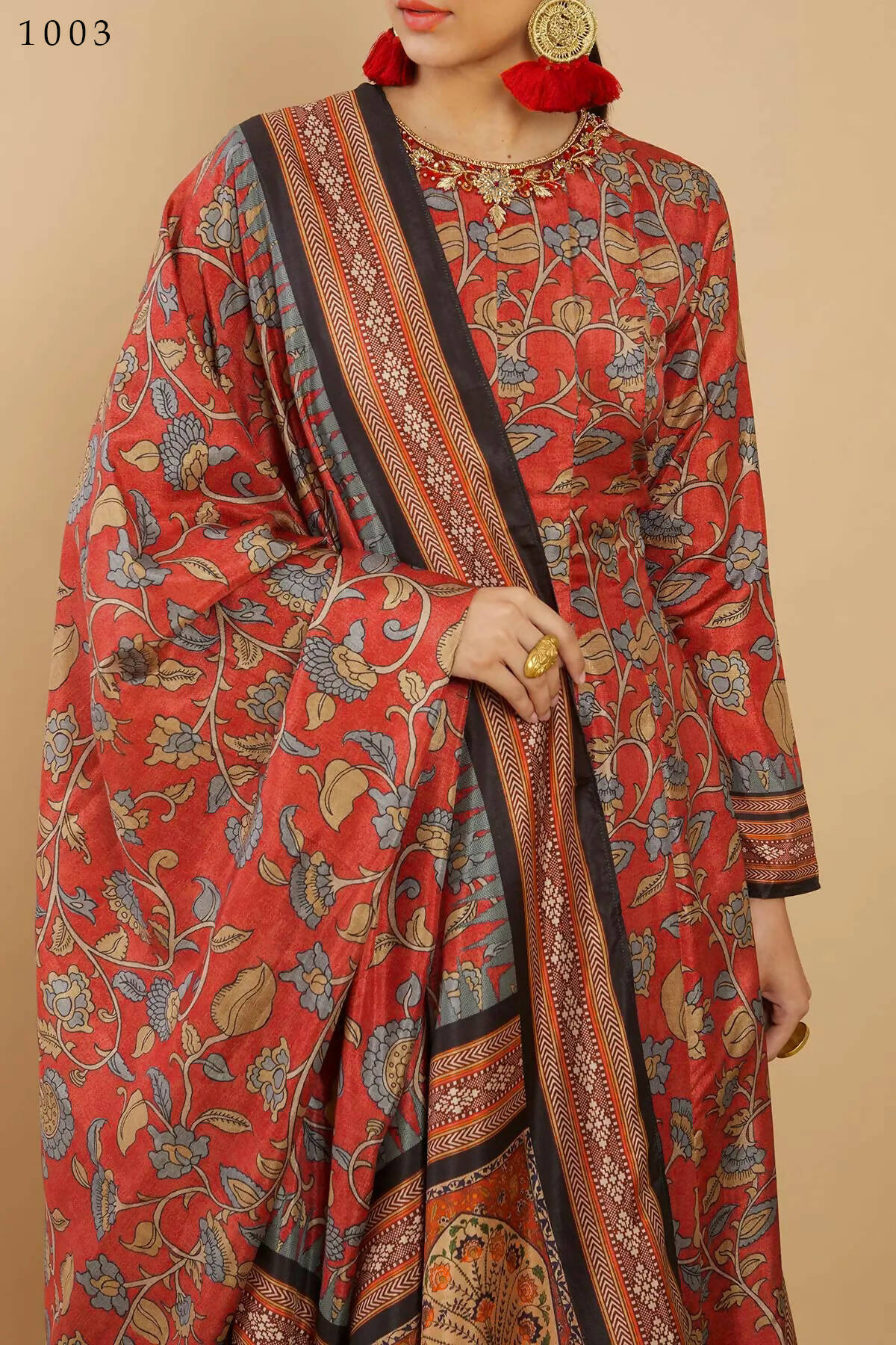 Women's Partywear Designer Red Soft Dola Silk Anarkali suit with Dupatta - Kalishta | Grocsy