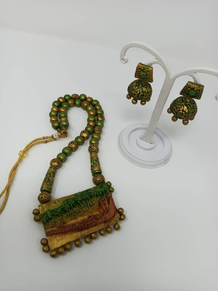 Terracotta Green and Gold Kerala Style Rowing Boat Pendant Long Necklace Set with Temple Earrings | Grocsy