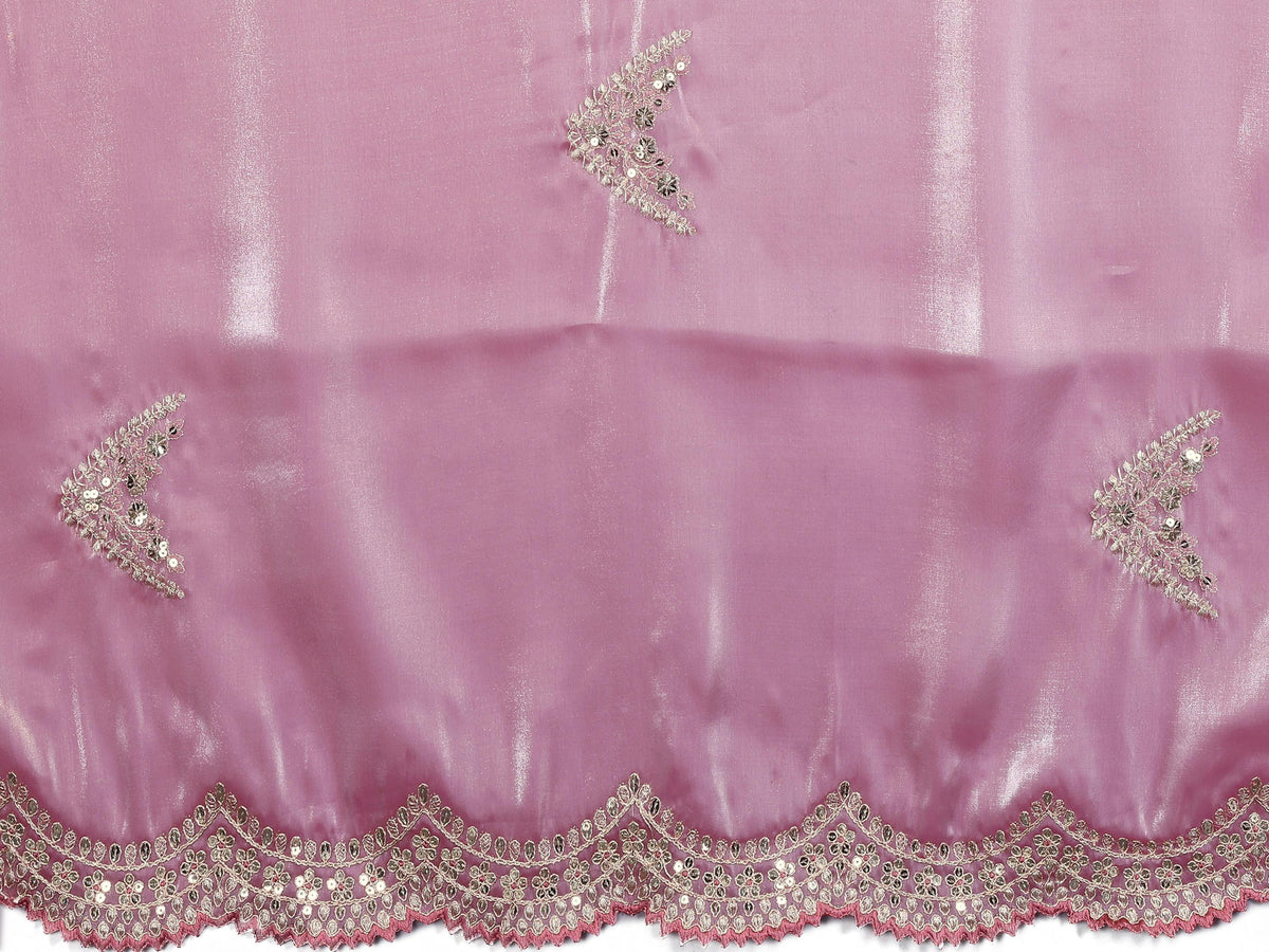 Vastranavya Baby Pink Embroidery Work Shimmer Chiffon Saree with Unstitched Blouse | Grocsy