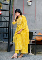 Yufta Women Yellow Handblock Printed Kurti And Trouser With Dupatta | Grocsy