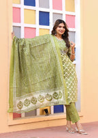Alvano Printed 3Pcs Straight Kurti with Pant and Dupatta set for women and Girls Rayon (Light Green) | Grocsy
