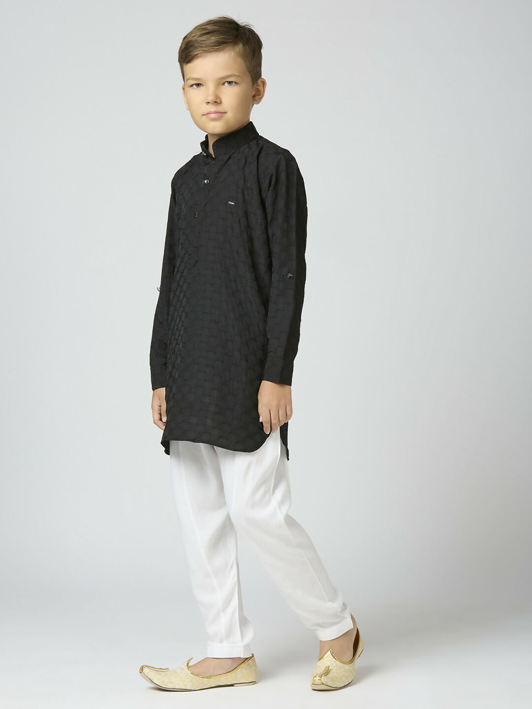 Joban Fashion Kids Island Full Sleeves Texture Cotton Kurta and Pyjama Set - Black | Grocsy