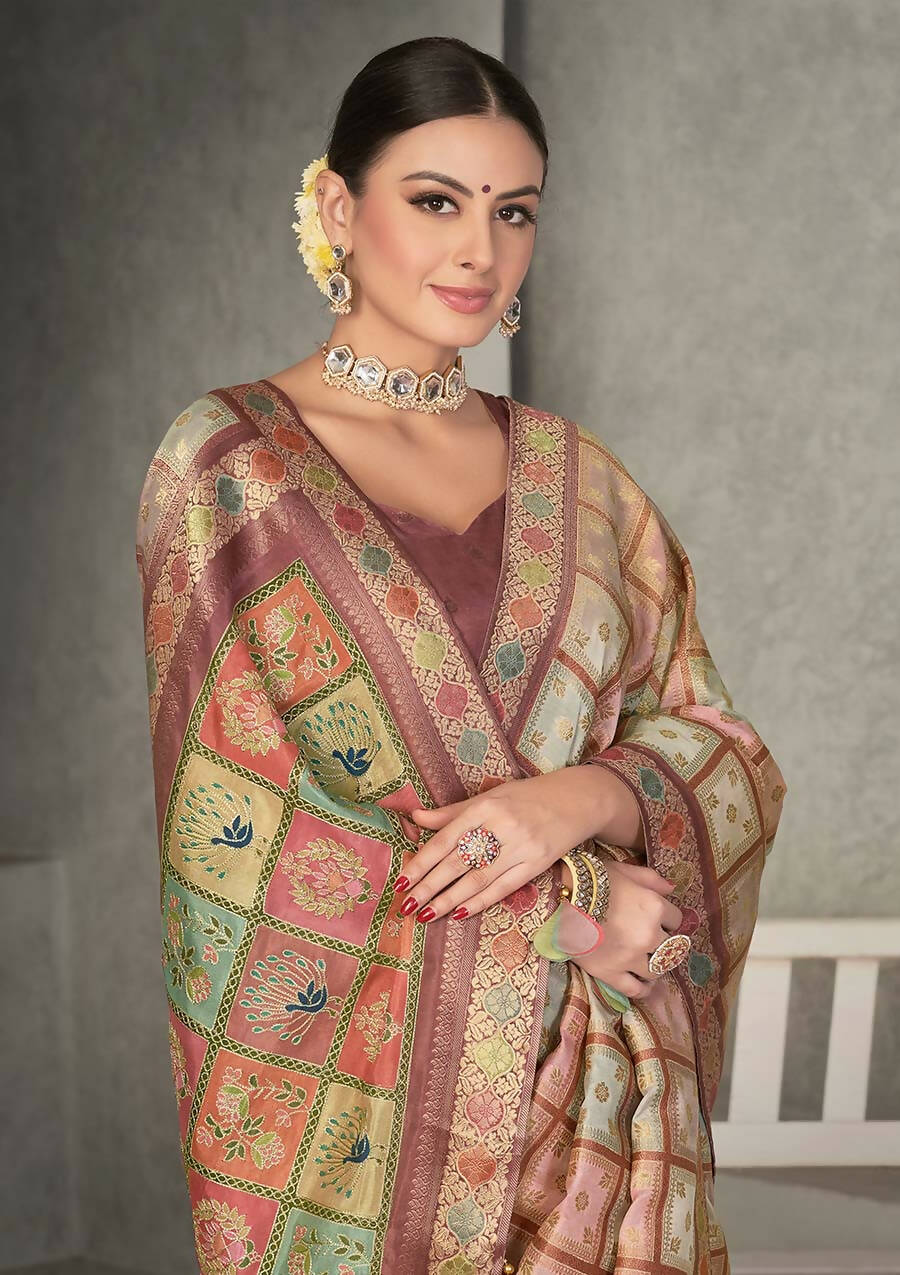 Peach Rangkat Tussar Silk Woven Design Saree with Unstitched Blouse - Mohmanthan Eshani | Grocsy