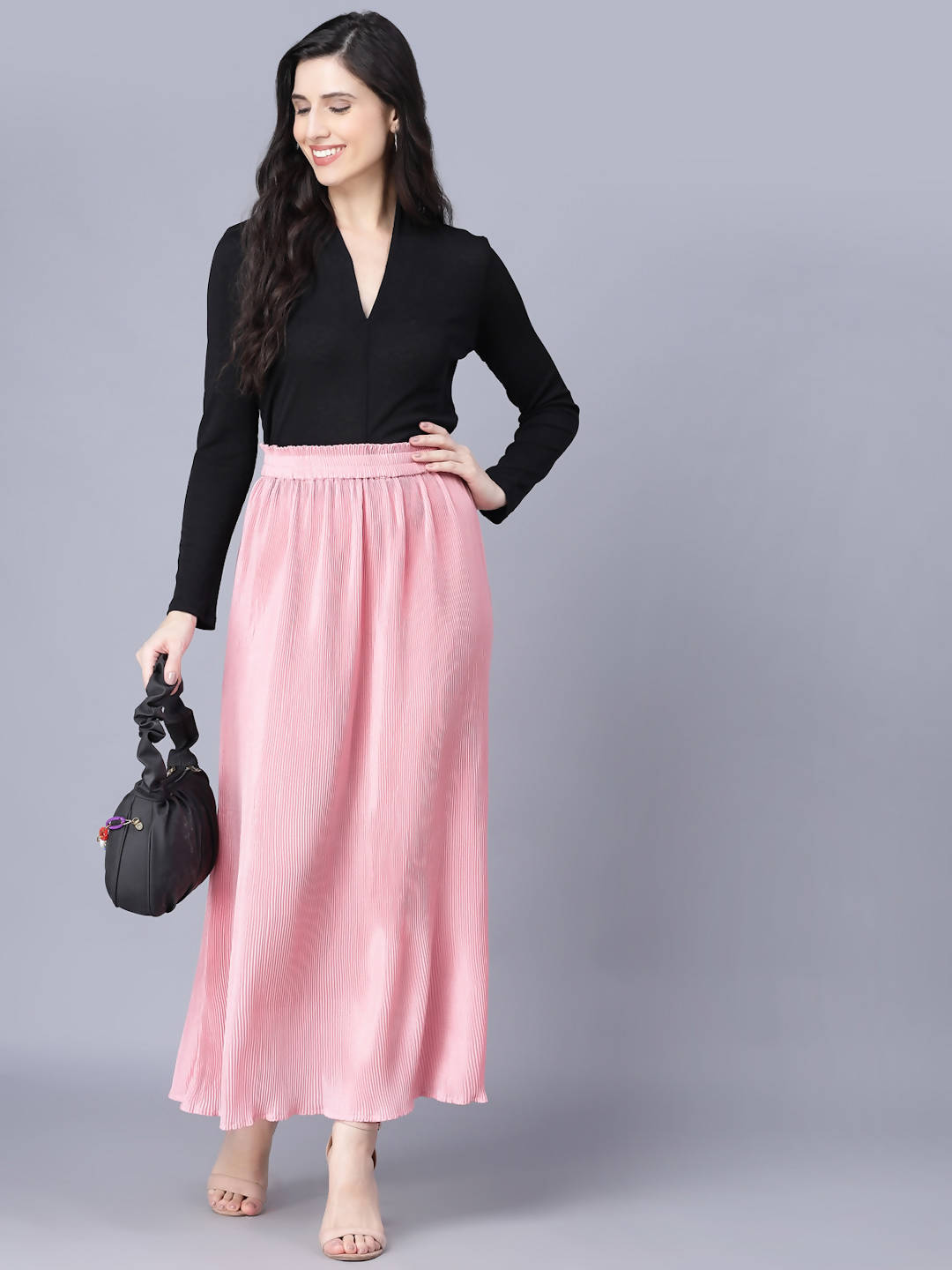 Myshka Chiffon Solid Pink Women Skirt | Grocsy