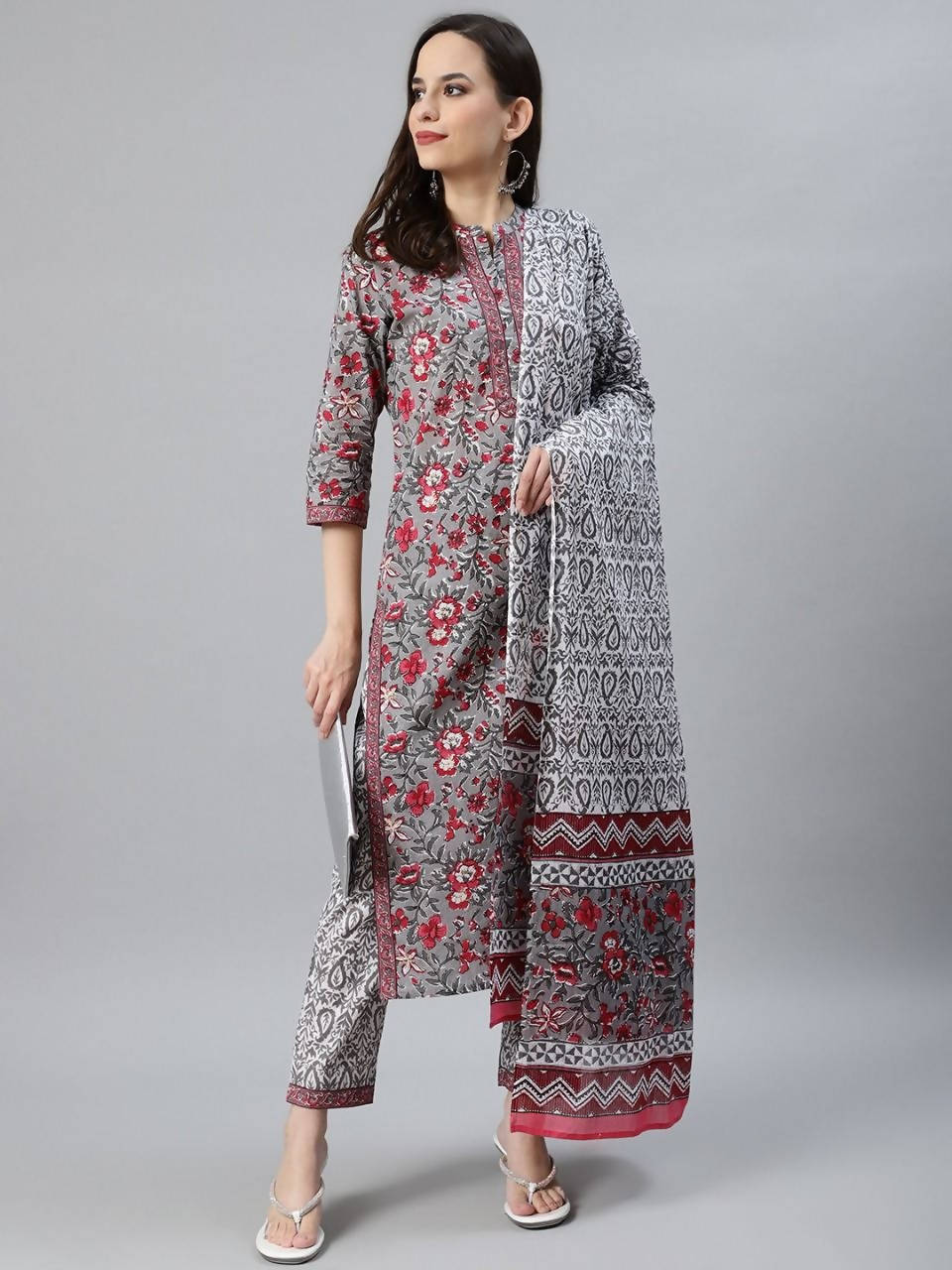 Vamika Grey Printed Cotton Party/Casual Wear Kurta Set/Suit | Grocsy