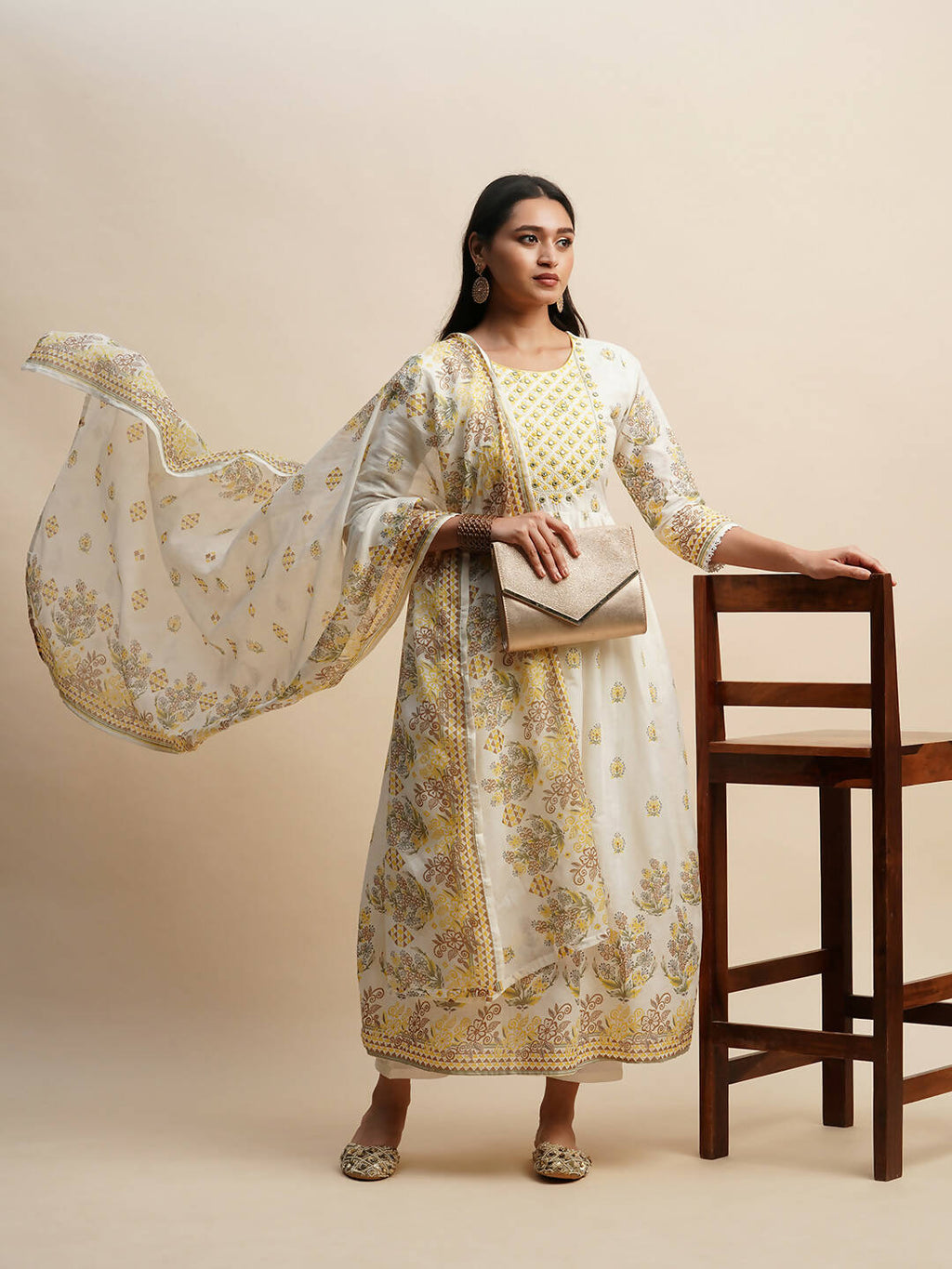 White And Yellow Pure Cotton Floral Printed Anarkali Kurta And Bottom With Dupatta - Akashara | Grocsy