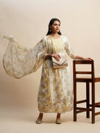 White And Yellow Pure Cotton Floral Printed Anarkali Kurta And Bottom With Dupatta - Akashara | Grocsy