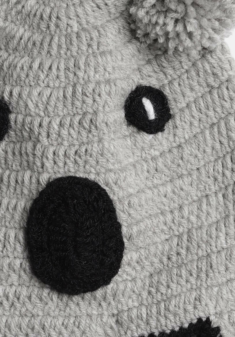 Chutput Kids Woollen Hand Knitted Kuala Bear Detail Cap - Grey | Grocsy