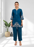 Joban Fashion Teal Linen Embroidered Readymade Cord Set | Grocsy